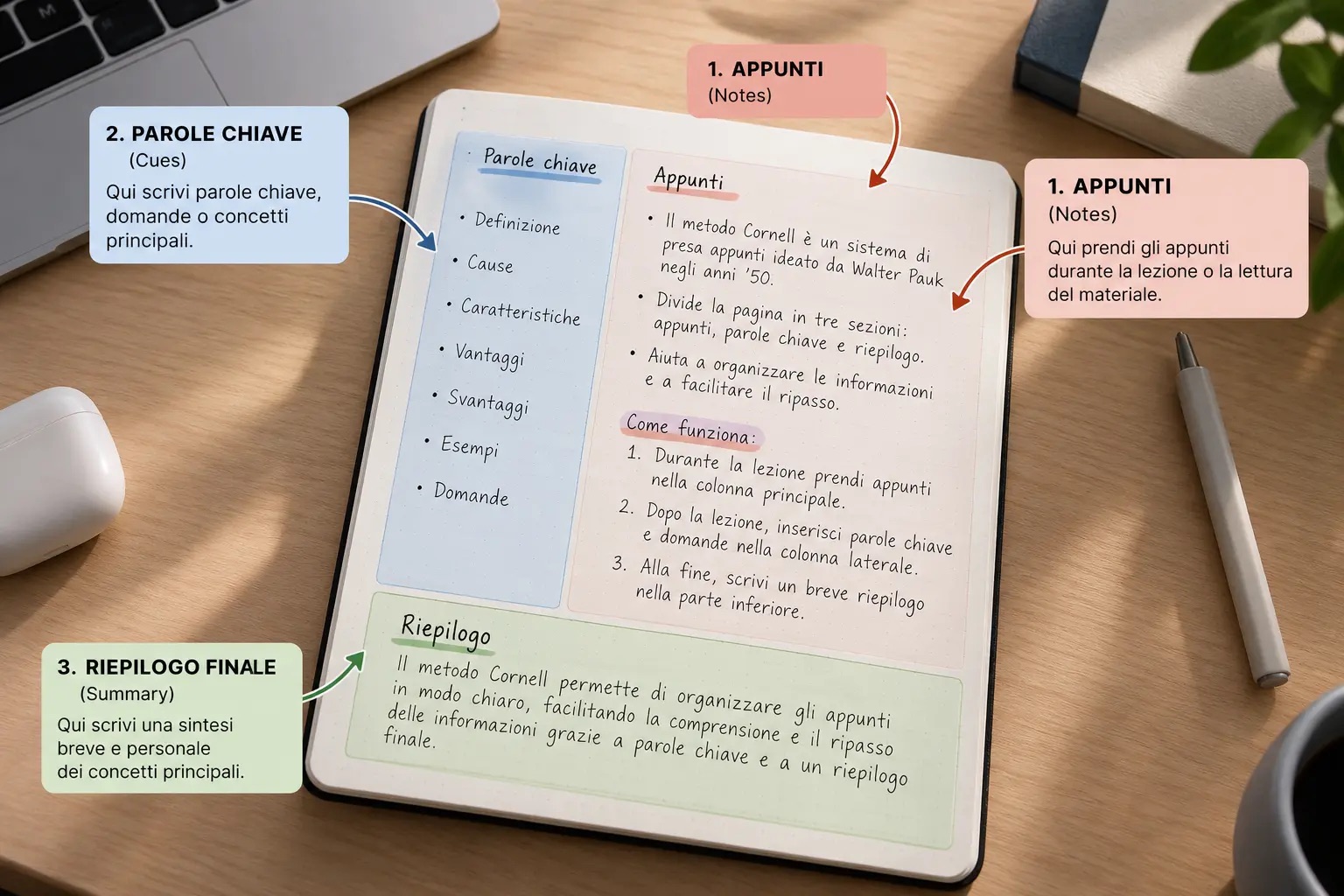 Schema del metodo Cornell per prendere appunti