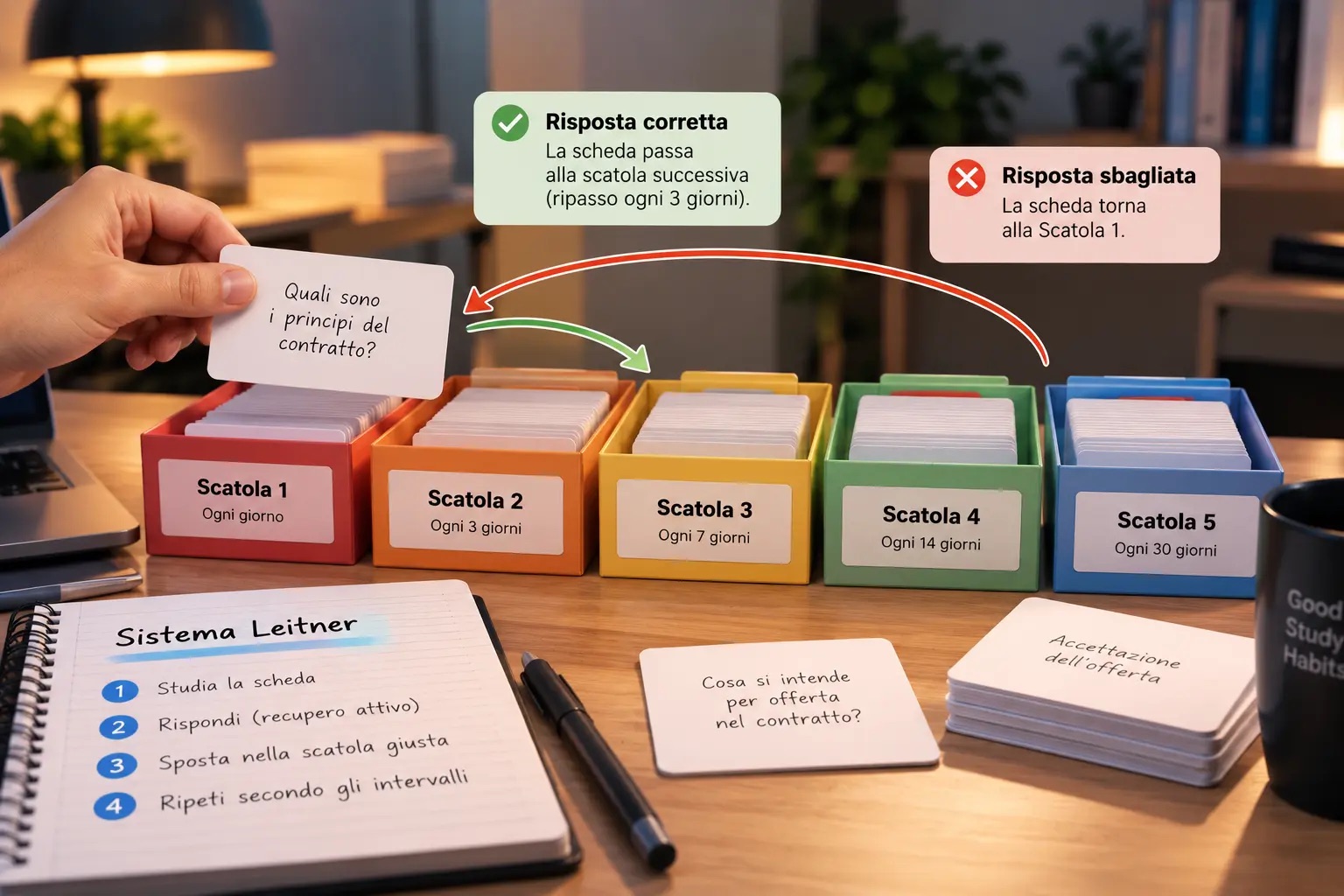 Schema del Sistema Leitner con le scatole di ripasso delle flashcard
