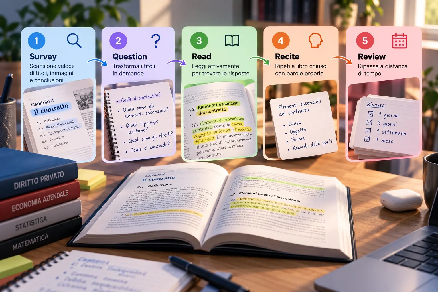 Le 5 fasi del metodo SQ3R: Survey, Question, Read, Recite, Review